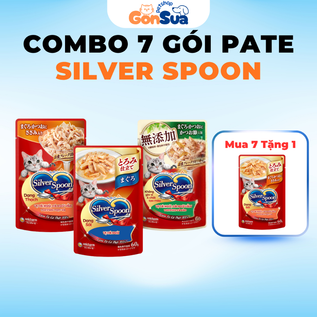 [Combo 7] Pate Mèo Silver Spoon Gói 60gram, Pate Unicharm Cho Mèo Bổ Sung Đầy Đủ Dinh Dưỡng Bù Nước