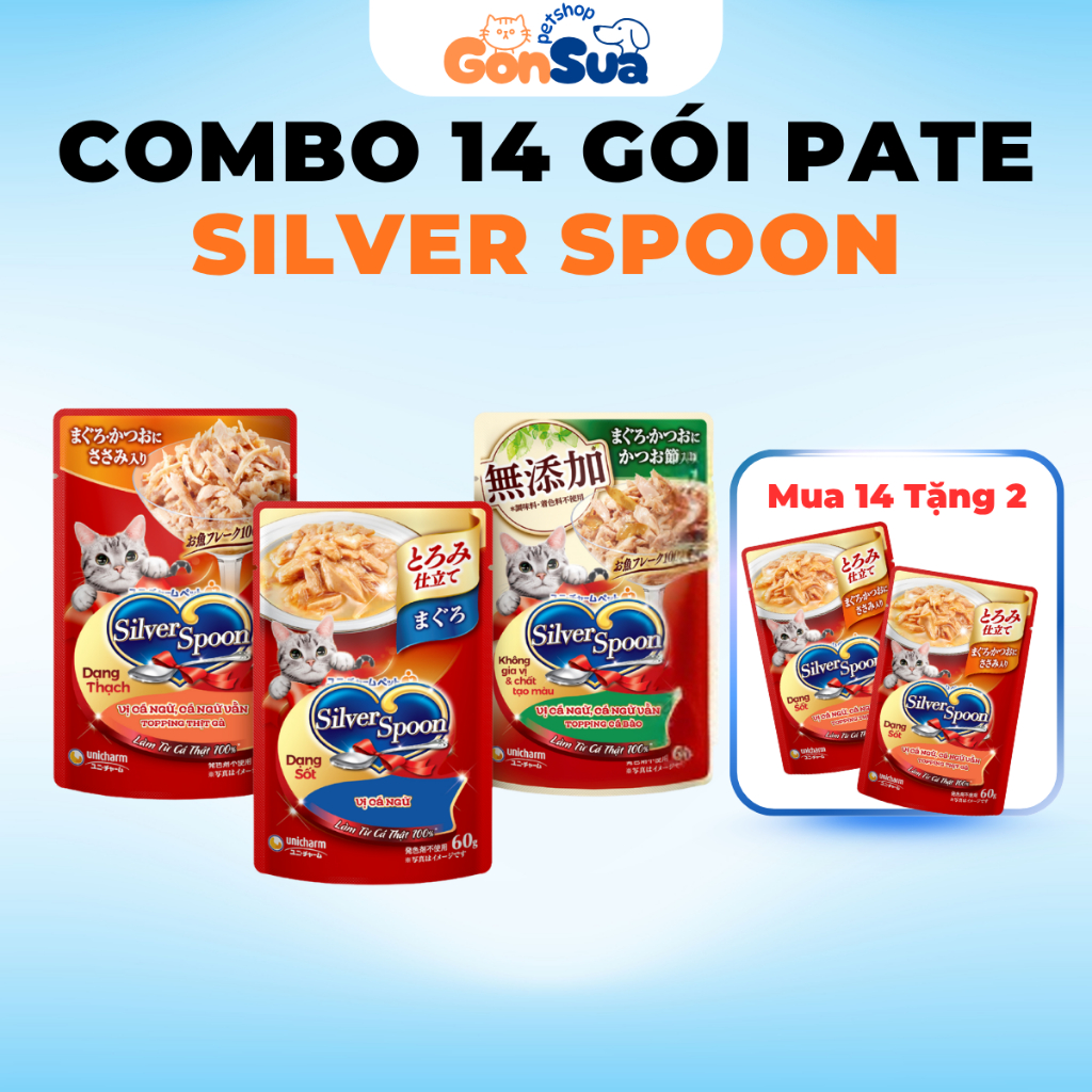 [Combo 14] Pate Mèo Silver Spoon Gói 60gram, Pate Unicharm Cho Mèo Bổ Sung Đầy Đủ Dinh Dưỡng Bù Nước