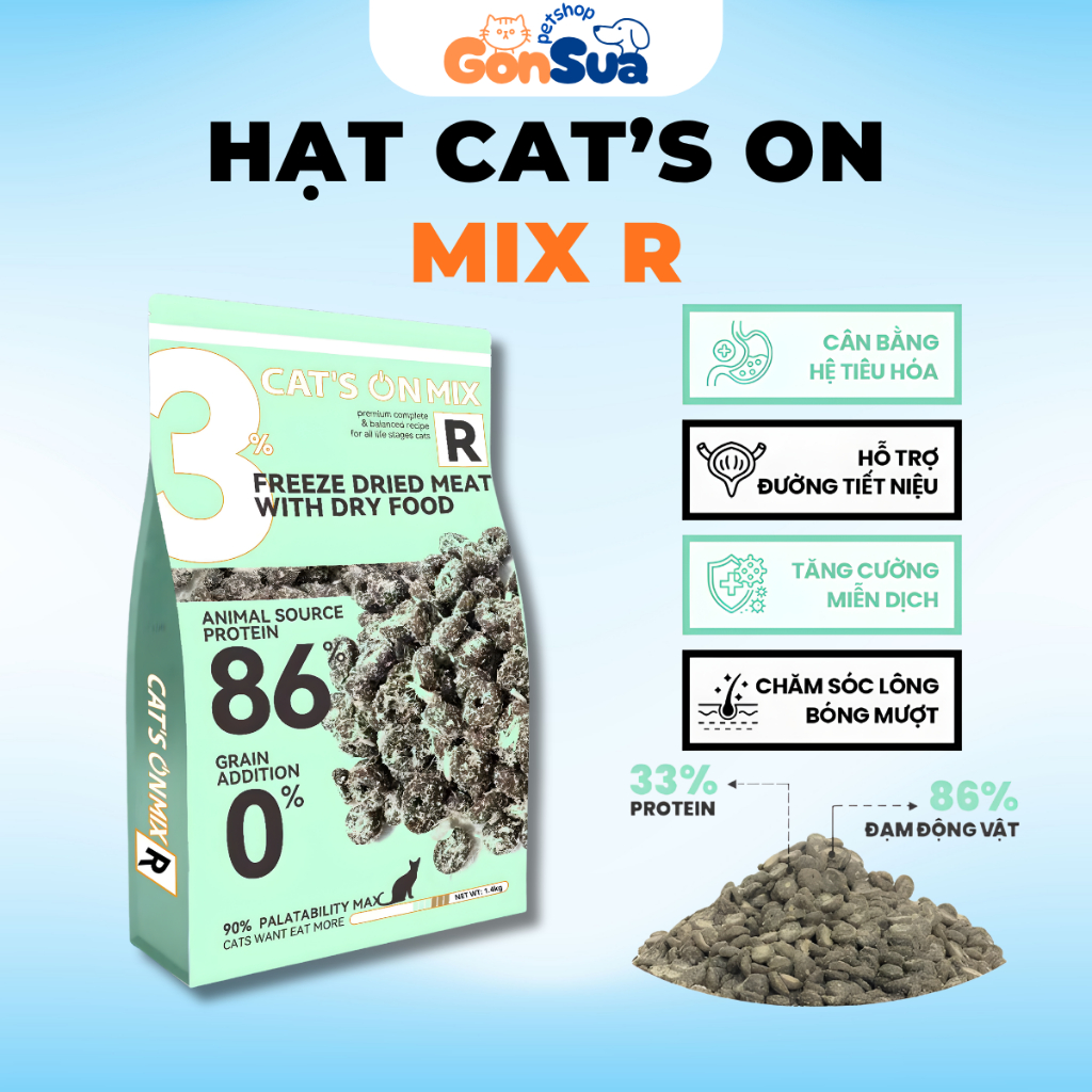 Hạt Cho Mèo CAT'S ON MIX R Phủ Ruốc Gà, Tiêu Búi Lông, Không Độn Ngũ Cốc, Tăng Cường Miễn Dịch