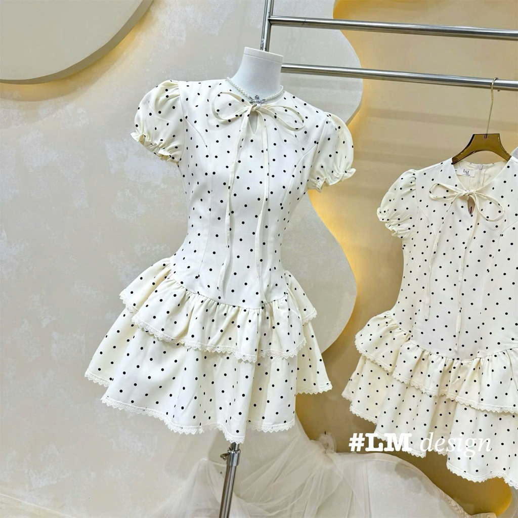 Váy Nữ Woru Thiết Kế Cổ Tròn Tay Bồng, Đầm Ngắn Dáng Xoè Hai Tầng Vintage