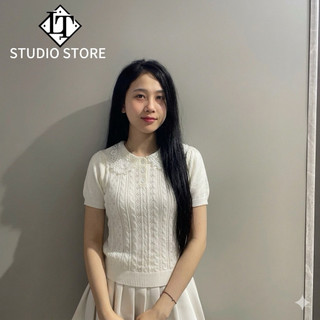 LT - Áo len nữ cổ bẻ cổ ren, len đan dệt kim cộc tay free size 1628