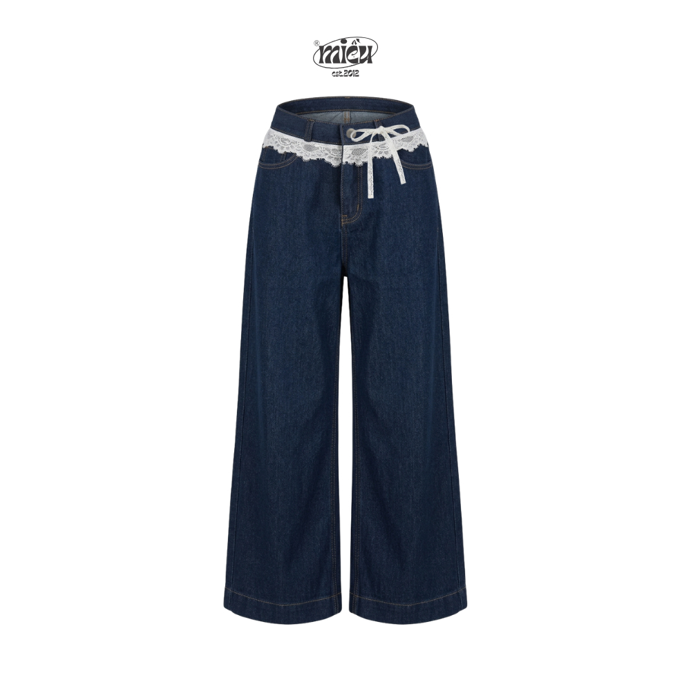Quần jeans nữ ống rộng Ori Miều Est.2013 viền phối ren cột nơ phong cách