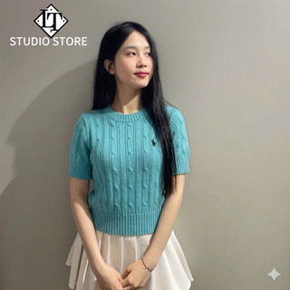 LT - Áo len nữ cộc tay xoắn thừng ngựa thêu ngực cổ tròn, free size dáng lửng 1584