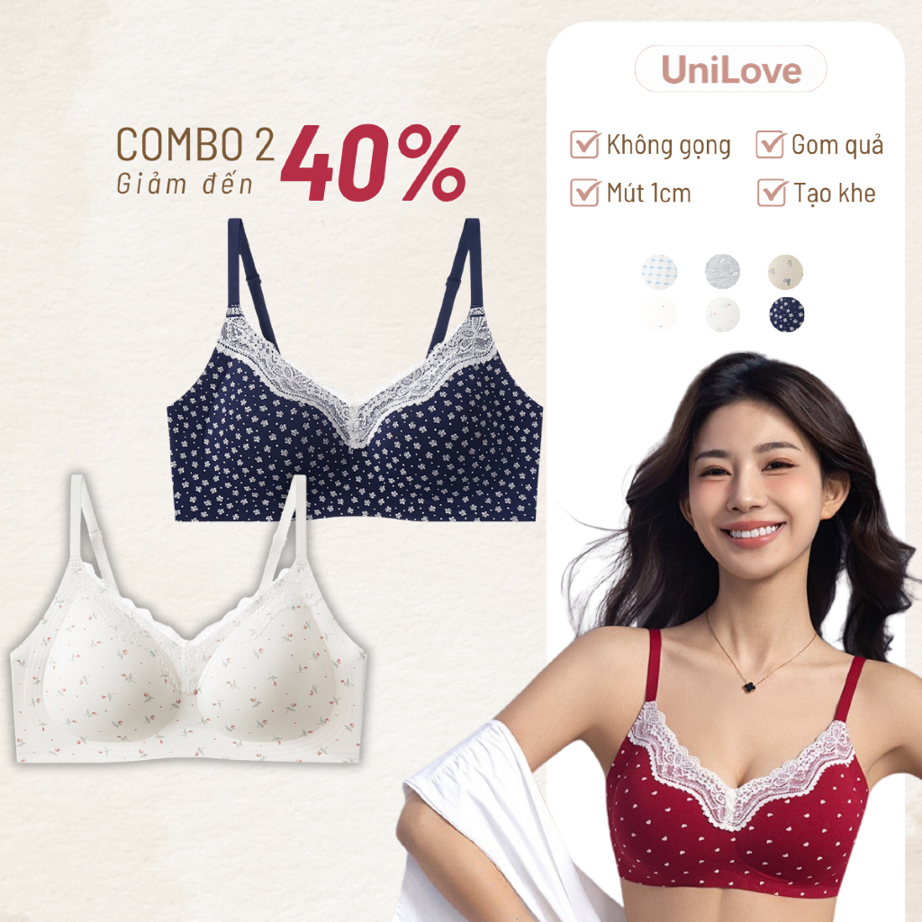 Combo 2 Áo Lót Nâng Ngực Không Gọng Viền Ren Họa Tiết Unilove, Áo Ngực Đúc Su Bra Không Lộ Viền 6355