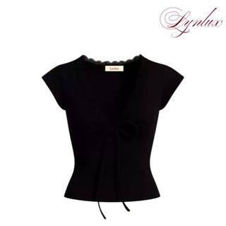 Áo Kiểu Nữ Ôm Body Y2K Cổ Tim Phối Ren Cột Dây Chất Thun Cotton Mịn, LynLux
