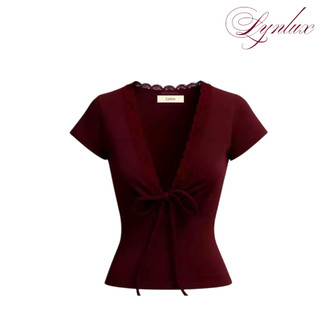 Áo Kiểu Nữ Ôm Body Y2K Cổ Tim Phối Ren Cột Dây Chất Thun Cotton Mịn, LynLux