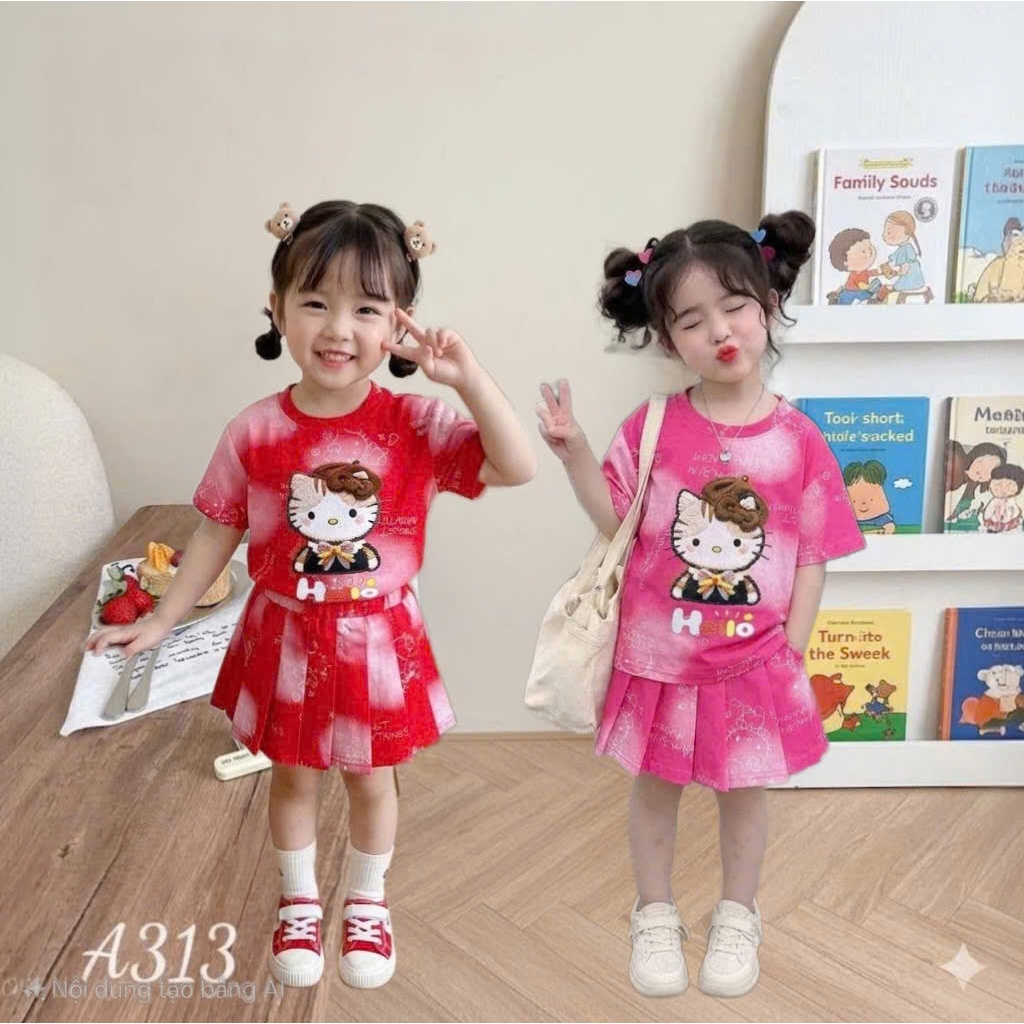 ( COMBO 1-2 BỘ ) SÉT BỘ VÁY XẾP LY MÈO MŨ BÉ GÁI SZ 9 - 37 KG QUẦN ÁO BÉ GÁI MÙA HÈ