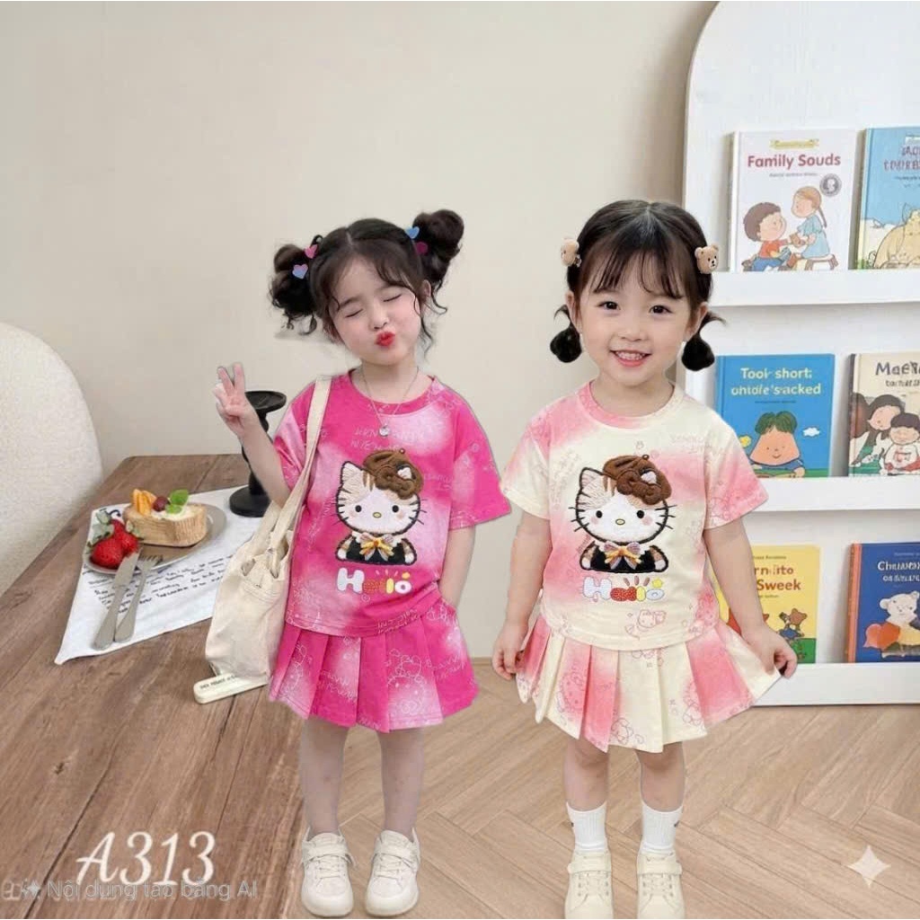 ( COMBO 1-2 BỘ ) SÉT BỘ VÁY XẾP LY MÈO MŨ BÉ GÁI SZ 9 - 37 KG QUẦN ÁO BÉ GÁI MÙA HÈ