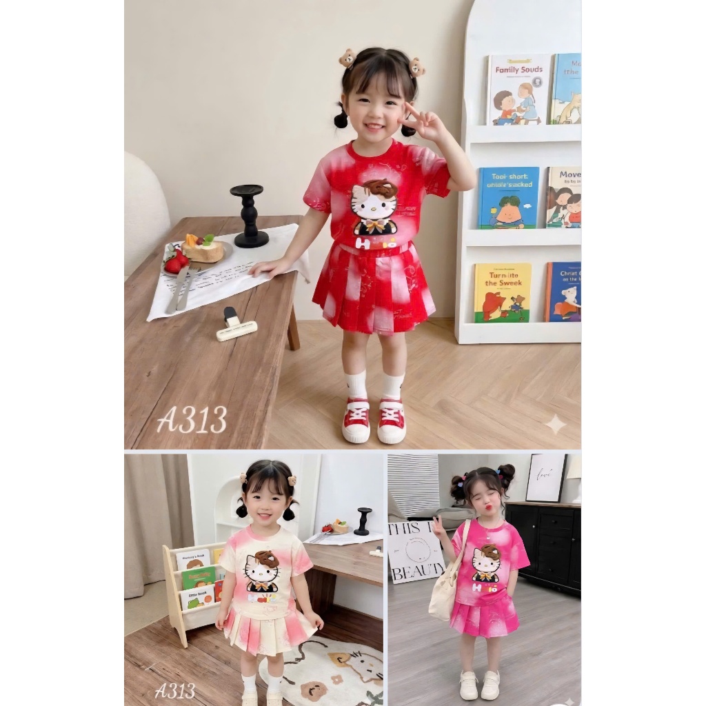 ( COMBO 1-2 BỘ ) SÉT BỘ VÁY XẾP LY MÈO MŨ BÉ GÁI SZ 9 - 37 KG QUẦN ÁO BÉ GÁI MÙA HÈ