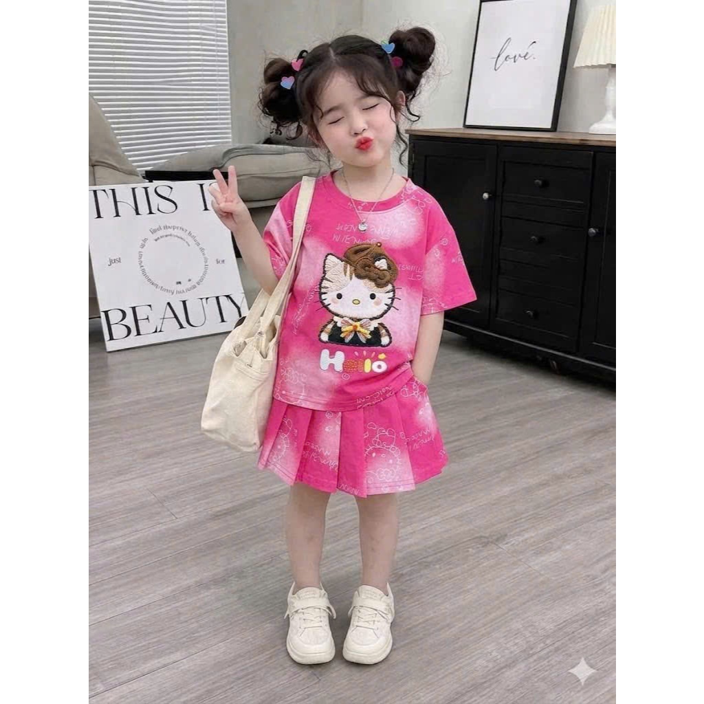 ( COMBO 1-2 BỘ ) SÉT BỘ VÁY XẾP LY MÈO MŨ BÉ GÁI SZ 9 - 37 KG QUẦN ÁO BÉ GÁI MÙA HÈ