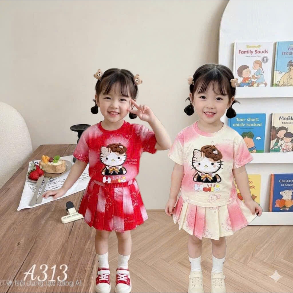 ( COMBO 1-2 BỘ ) SÉT BỘ VÁY XẾP LY MÈO MŨ BÉ GÁI SZ 9 - 37 KG QUẦN ÁO BÉ GÁI MÙA HÈ