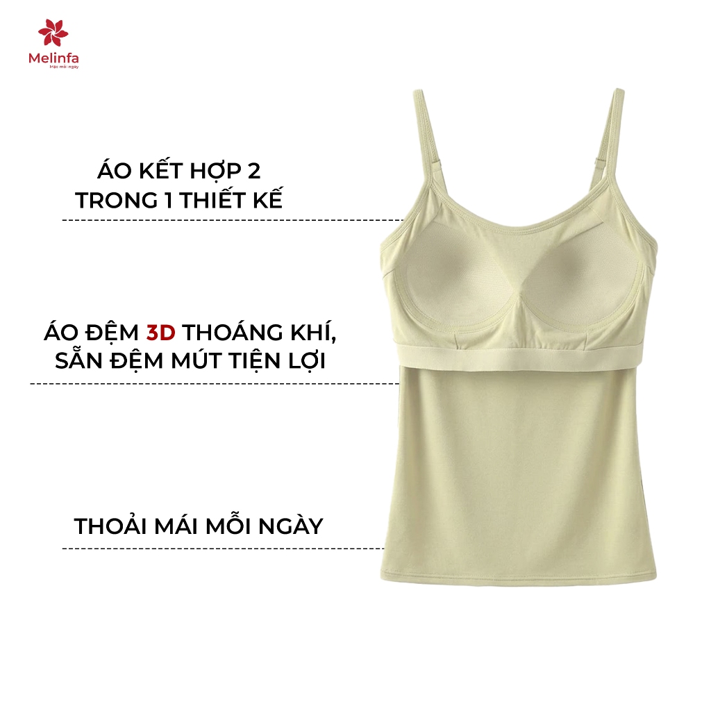 Áo 2 dây Camisole MELINFA có đệm mút 3D cố định nâng đỡ,  Áo Bratop hai dây nữ mã VAA0396
