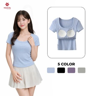 Áo cộc tay nữ có đệm mút, Áo thun có bra trẻ trung thoáng mát vải Cotton MELINFA VAA0541