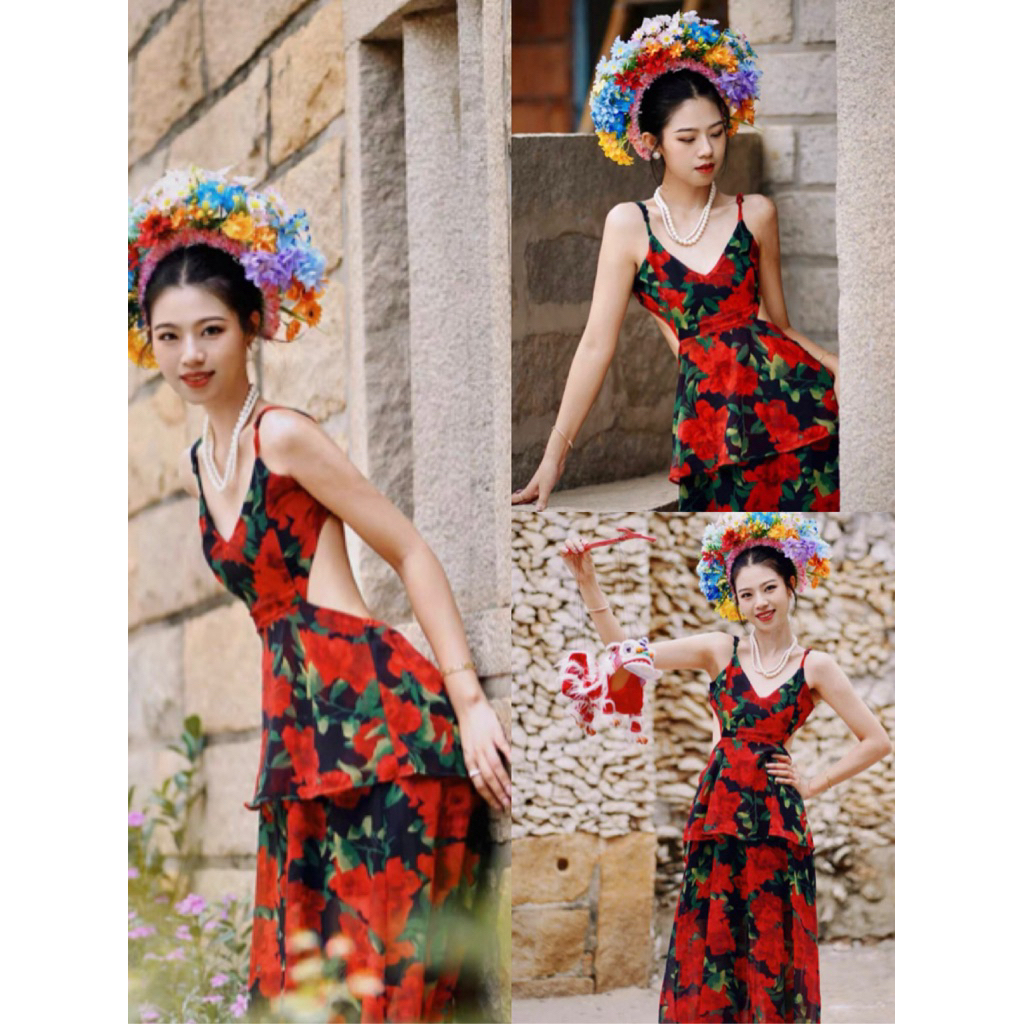 Lulus | Đầm maxi hoa hồng đỏ nền đen siêu nổi bật 🥀