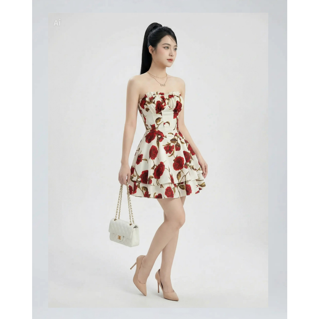 Váy Mini Cúp Ngực SHI Nữ Họa Tiết Boutique Hoa Hồng