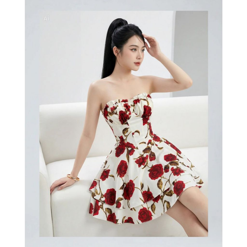 Váy Mini Cúp Ngực SHI Nữ Họa Tiết Boutique Hoa Hồng