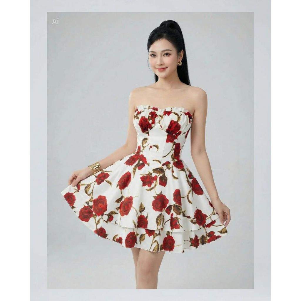 Váy Mini Cúp Ngực SHI Nữ Họa Tiết Boutique Hoa Hồng
