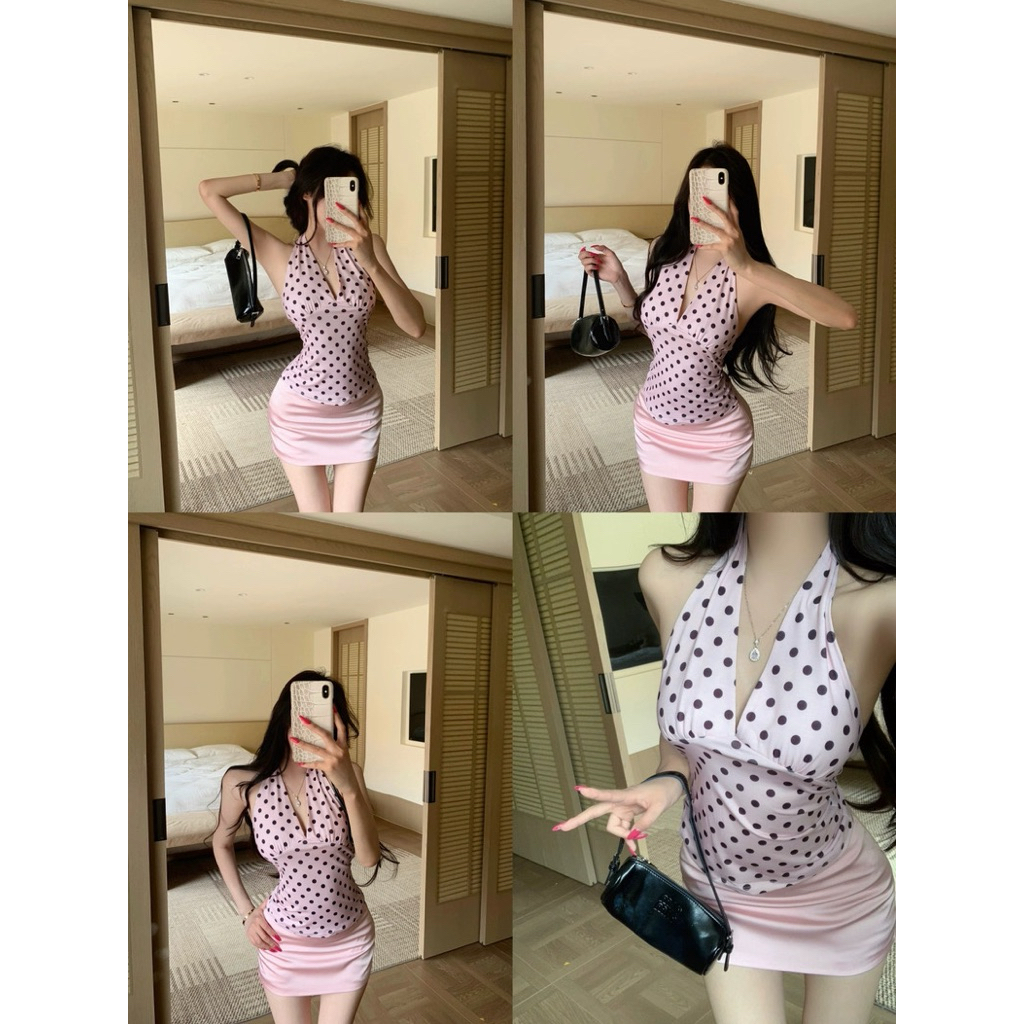 Set áo yếm chấm bi phối chân váy ngắn ôm màu hồng TABISHOP Set đồ nữ sang chảnh mặc hè đi chơi(305)