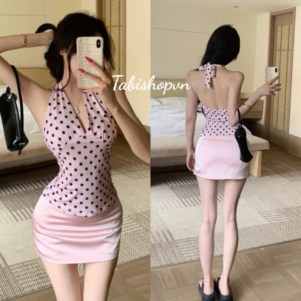 Set áo yếm chấm bi phối chân váy ngắn ôm màu hồng TABISHOP Set đồ nữ sang chảnh mặc hè đi chơi(305)