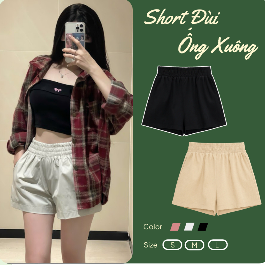 Quần Đùi Nữ Dáng Phồng Vải Mềm Mặc Ở Nhà, Short Ống Rộng Cạp Chun Lưng Cao Thoáng Mát, Quần Short Nữ Kẻ Sọc