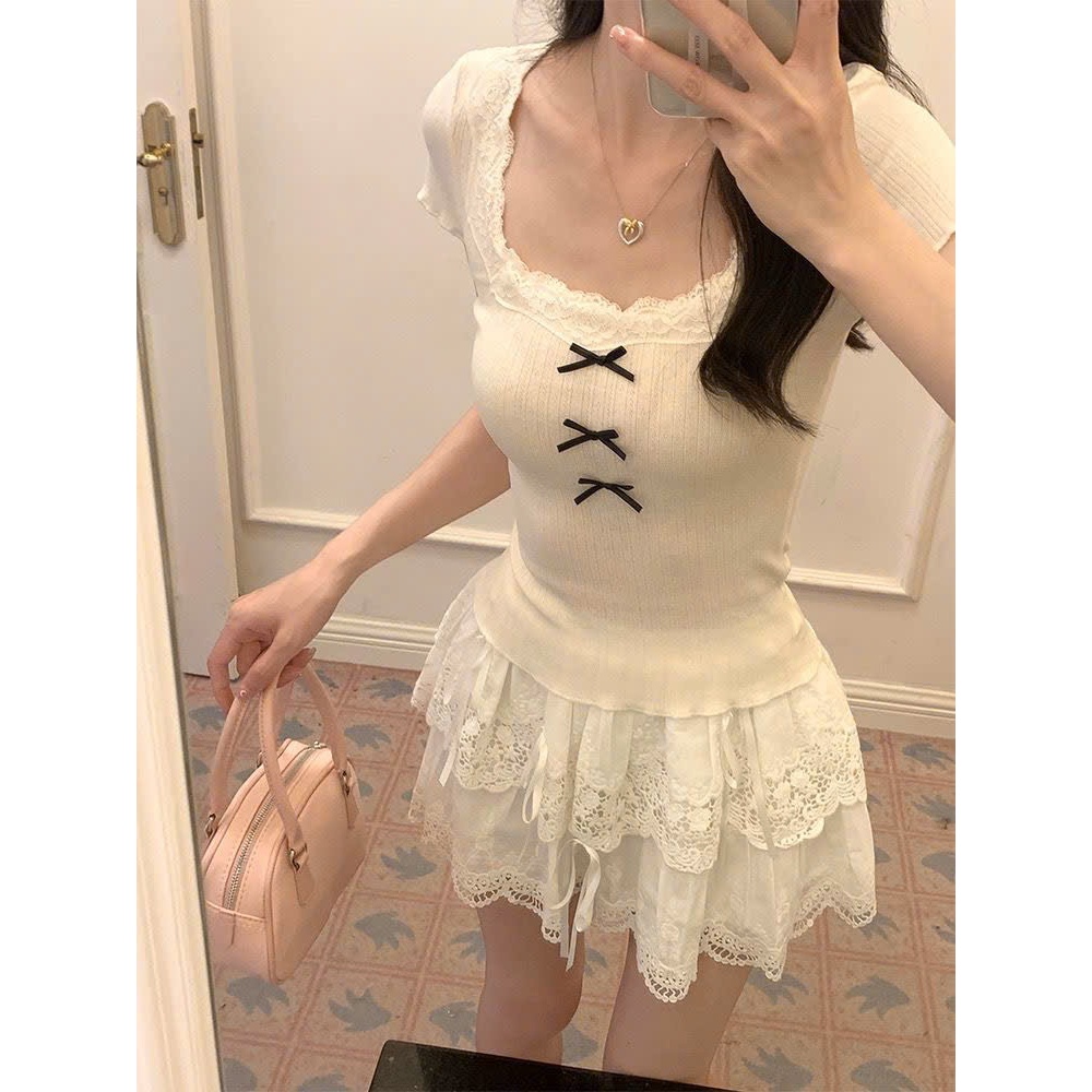 (HÀNG QCCC) Ao thun ngắn tay cổ vuông phối ren nơ ôm body dễ thương cho nữ XIMIMI SP455