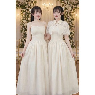 Đầm thời trang nữ chất ren 2 dây kèm khoác ngoài cổ bẻ phối váy tùng tơ dáng xòe  dịu dàng chuẩn từ form tới dáng