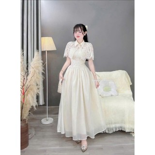 Đầm thời trang nữ chất ren 2 dây kèm khoác ngoài cổ bẻ phối váy tùng tơ dáng xòe  dịu dàng chuẩn từ form tới dáng