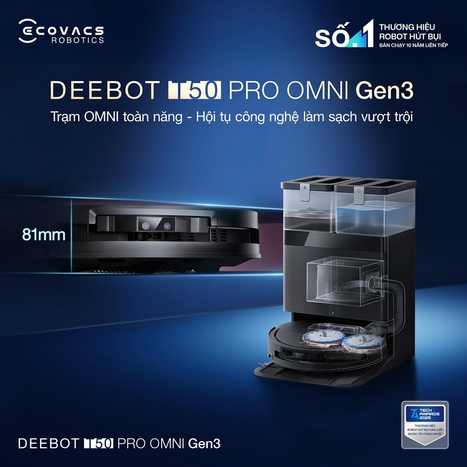 Robot hút bụi lau sàn Ecovacs T50S omni | T50 Pro Omni Gen 3 - lực hút 25000 Pa - Bảo hành chính hãng 24 tháng