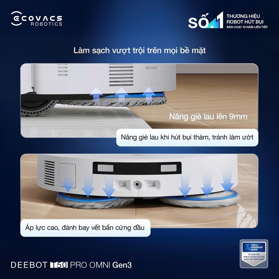 Robot hút bụi lau sàn Ecovacs T50S omni | T50 Pro Omni Gen 3 - lực hút 25000 Pa - Bảo hành chính hãng 24 tháng