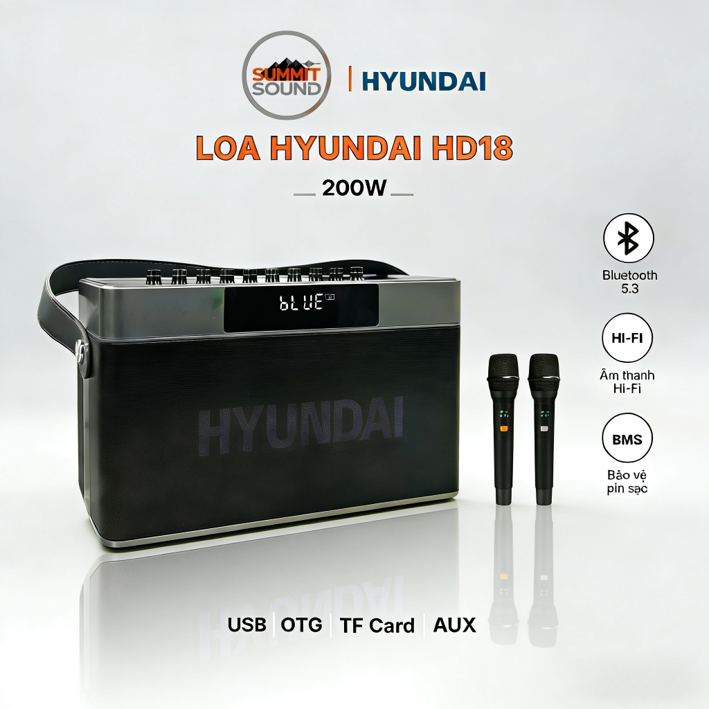 Loa HYUNDAI Loa Karaoke Xách Tay HD18, Công Suất Lớn 200W Đèn Kèm 2 Micro AUX TP Card USB