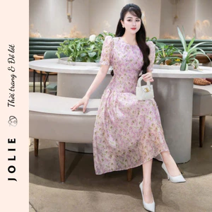 Váy Tơ Hoa Nhí Dáng Dài Tay Phồng Phong Cách Tiểu Thư Nhẹ Nhàng Jolie