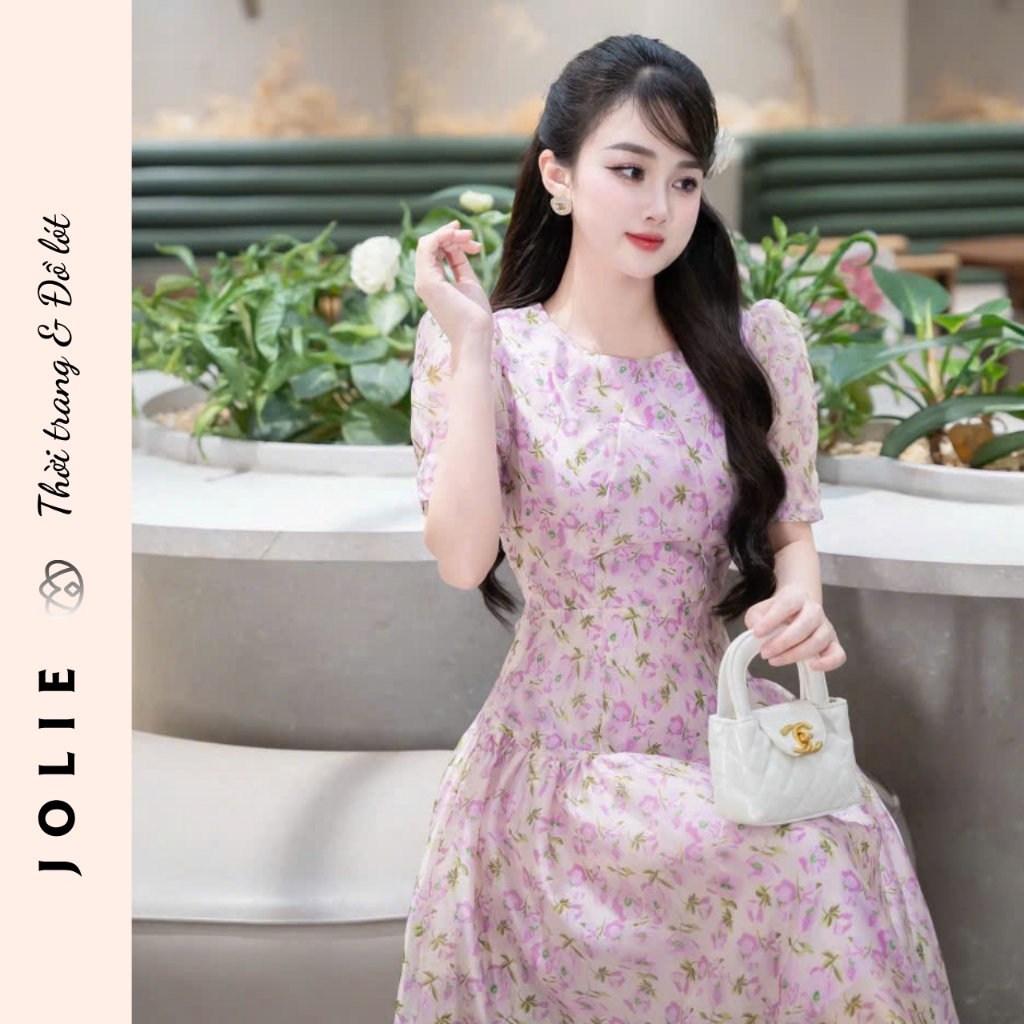 Váy Tơ Hoa Nhí Dáng Dài Tay Phồng Phong Cách Tiểu Thư Nhẹ Nhàng Jolie