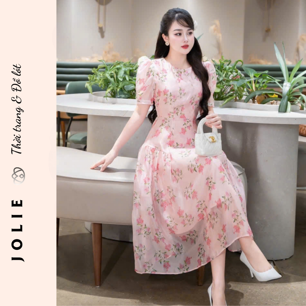 Váy Tơ Hoa Nhí Dáng Dài Tay Phồng Phong Cách Tiểu Thư Nhẹ Nhàng Jolie