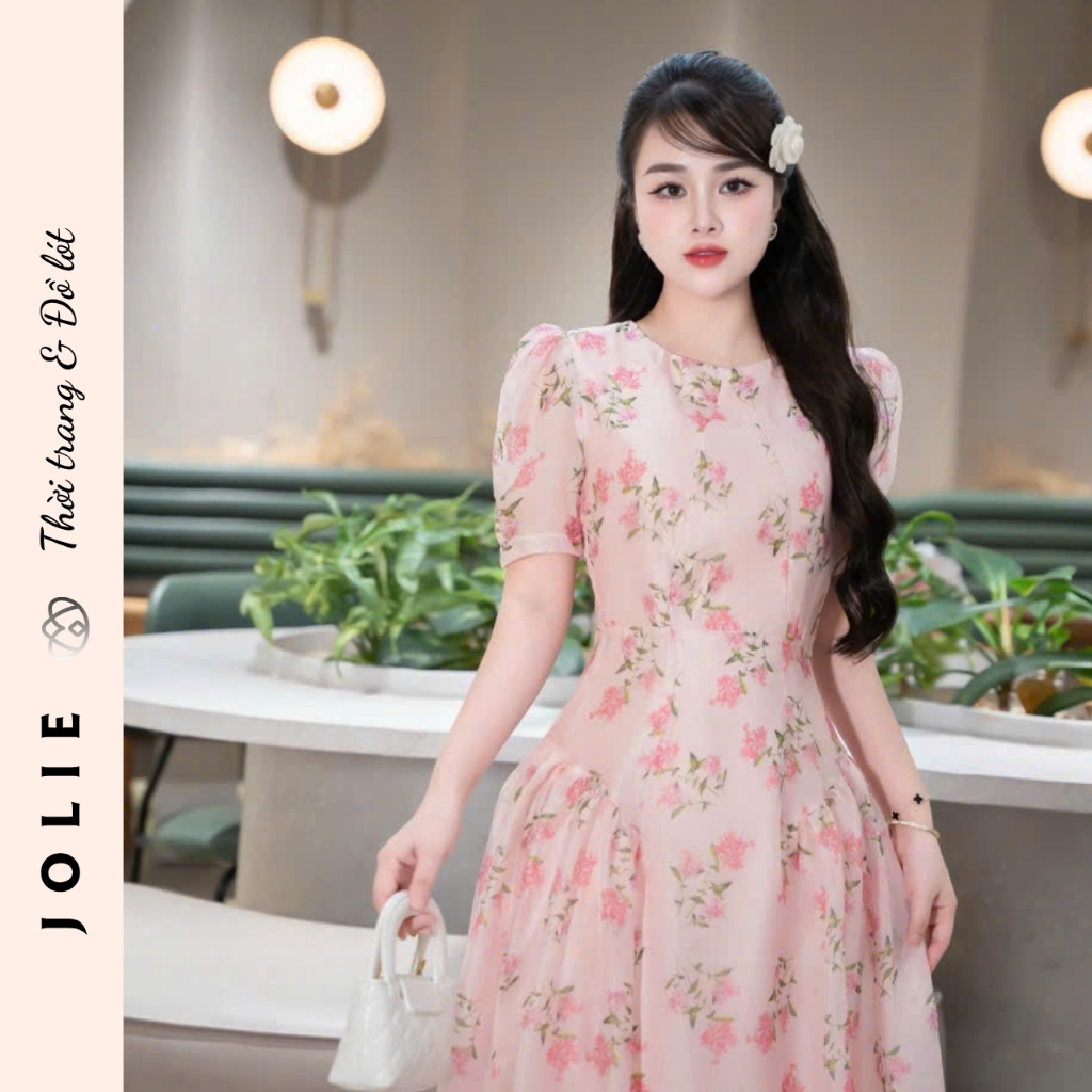 Váy Tơ Hoa Nhí Dáng Dài Tay Phồng Phong Cách Tiểu Thư Nhẹ Nhàng Jolie