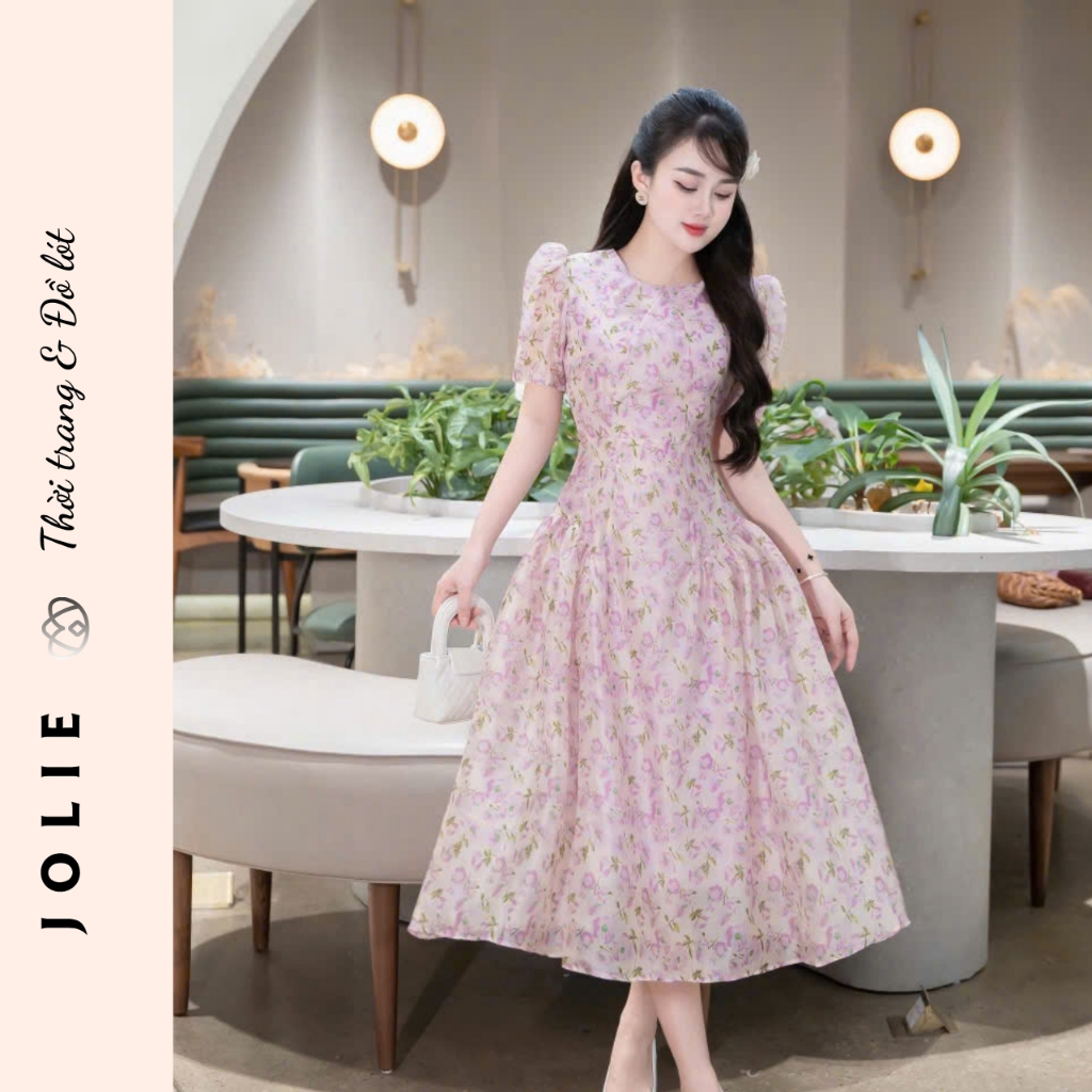 Váy Tơ Hoa Nhí Dáng Dài Tay Phồng Phong Cách Tiểu Thư Nhẹ Nhàng Jolie
