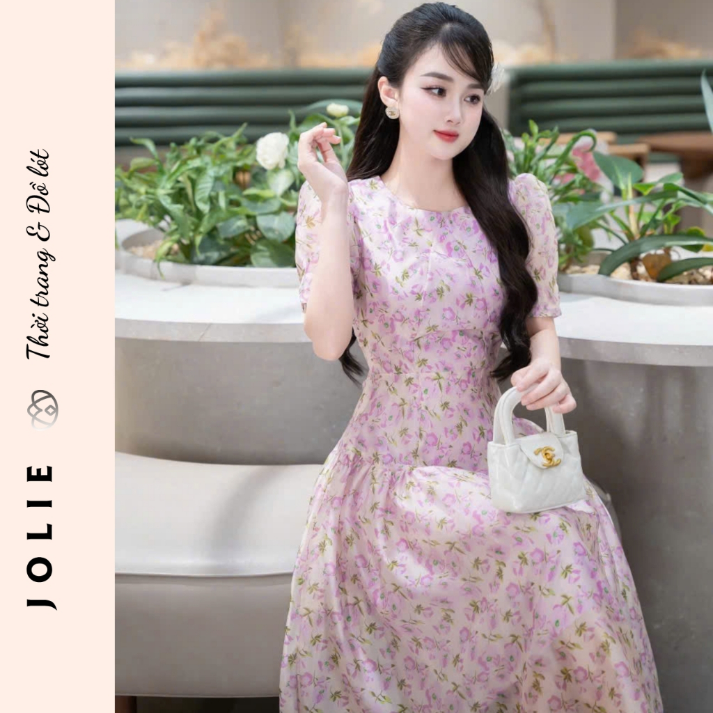 Váy Tơ Hoa Nhí Dáng Dài Tay Phồng Phong Cách Tiểu Thư Nhẹ Nhàng Jolie