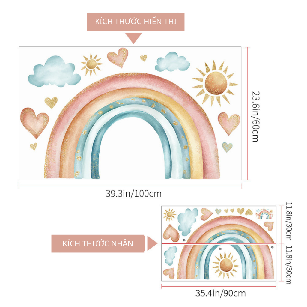 Decal Dán Tường Cầu Vồng Pastel Có Keo Sẵn 100x60cm - Trang Trí Phòng Ngủ Cho Bé