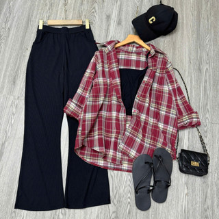 Set Sơ Mi Bigsize Áo Somi Caro Mix Áo Dây Kèm Quần Dài Cá Tính Trẻ Trung SM182+G118+Q576
