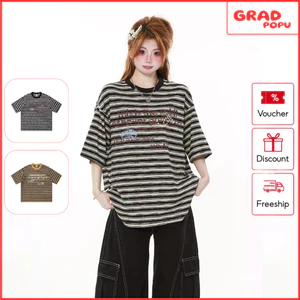 Áo phông nữ GRADPOPU cổ tròn tay ngắn phong cách streetwear thiết kế kẻ sọc in chữ năng động AN251