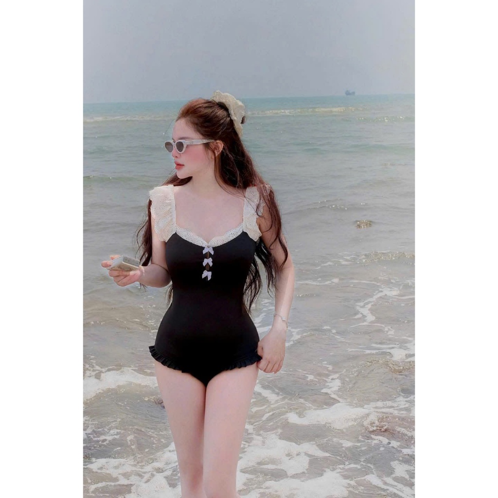 ZIMM STORE-Bikini một mảnh sexy phối ren trắng thắt nơ ngực