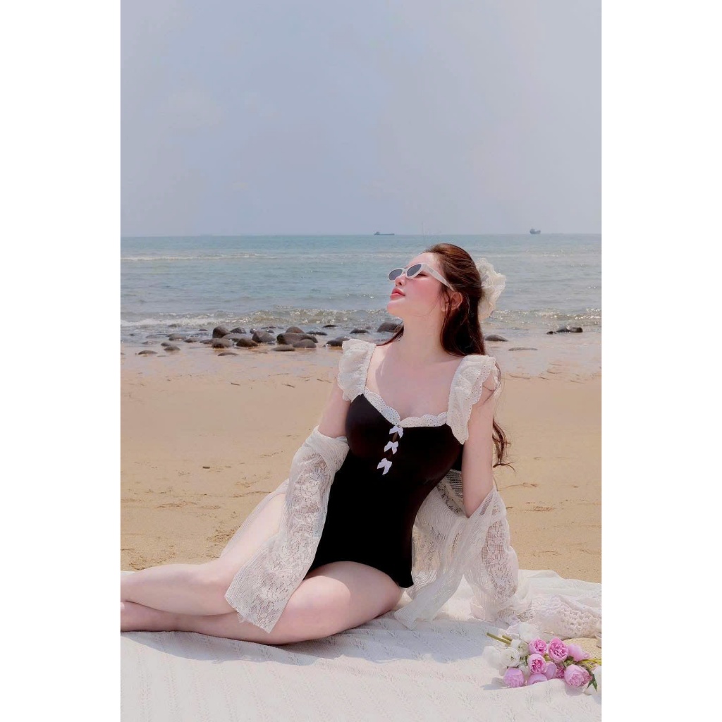 ZIMM STORE-Bikini một mảnh sexy phối ren trắng thắt nơ ngực