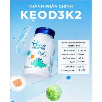 Kẹo dẻo D3K2 Happy Vitamin bổ sung vitamin D3 400iu cho bé từ 1 tuổi (H/150g)