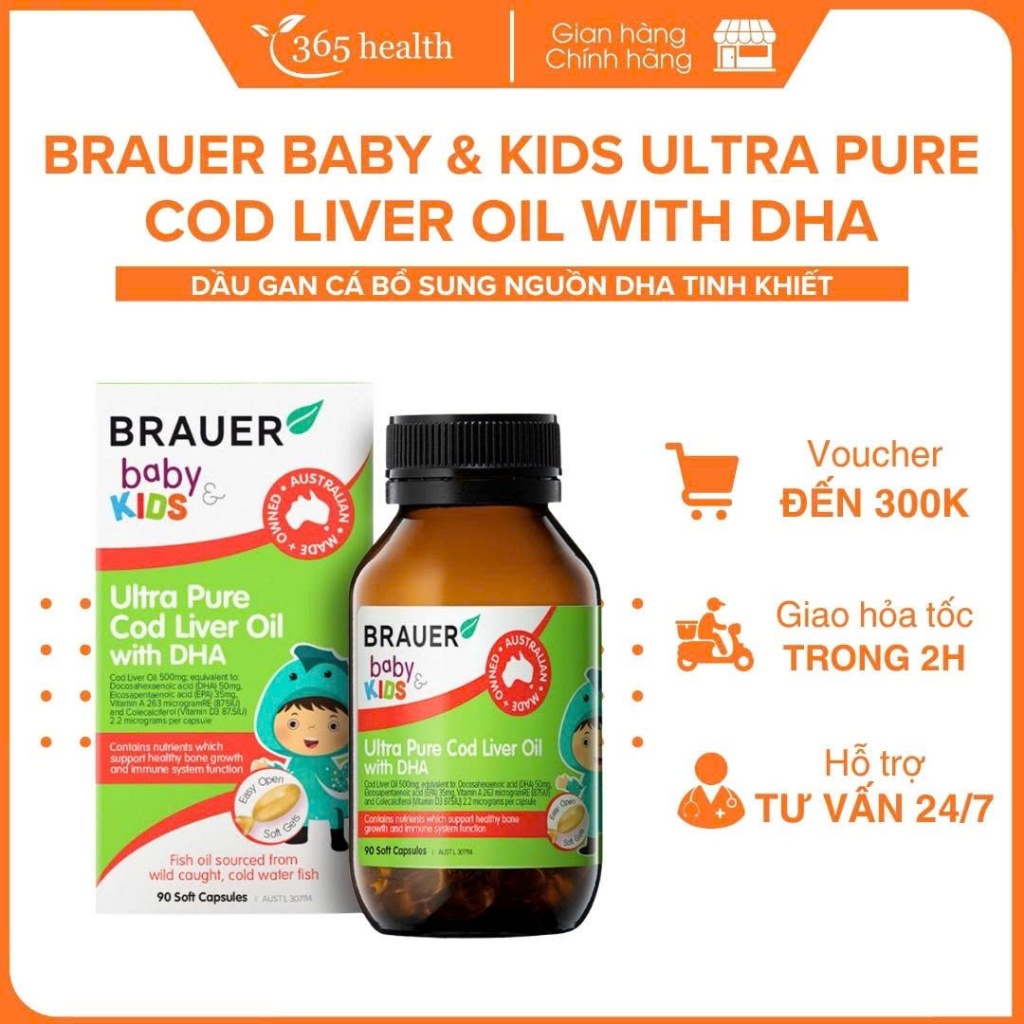 Vitamin Brauer Baby & Kids Ultra Pure Cod Liver Oil With DHA - Bổ sung dha tinh khiết cho trẻ từ 1 tuổi