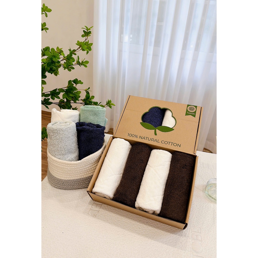 K45_ Set 4 khăn mặt Tamiki Cotton tự nhiên – Khăn mềm mịn thấm hút tốt