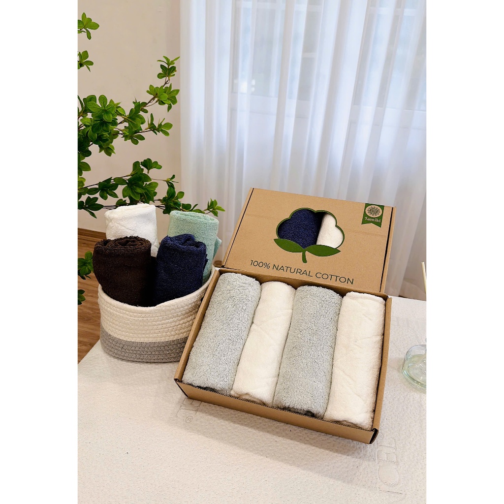 K45_ Set 4 khăn mặt Tamiki Cotton tự nhiên – Khăn mềm mịn thấm hút tốt