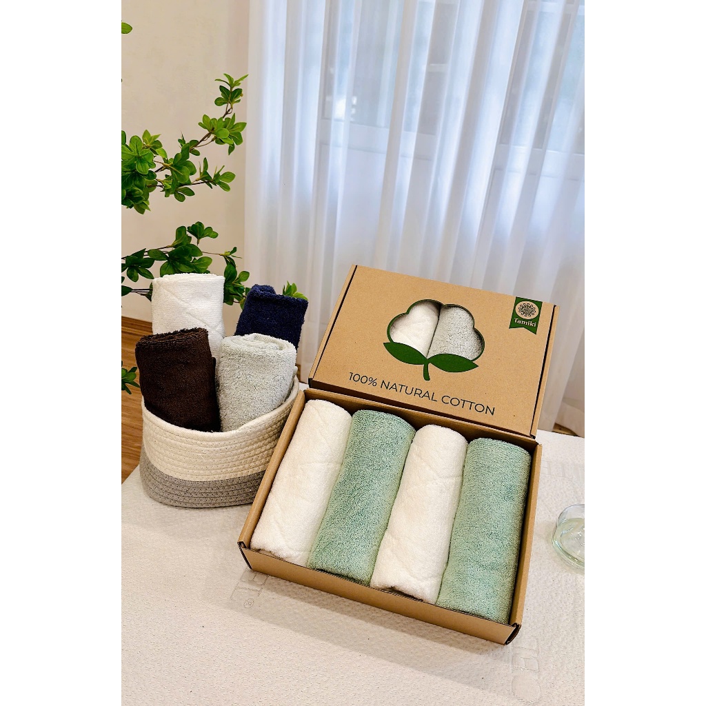 K45_ Set 4 khăn mặt Tamiki Cotton tự nhiên – Khăn mềm mịn thấm hút tốt