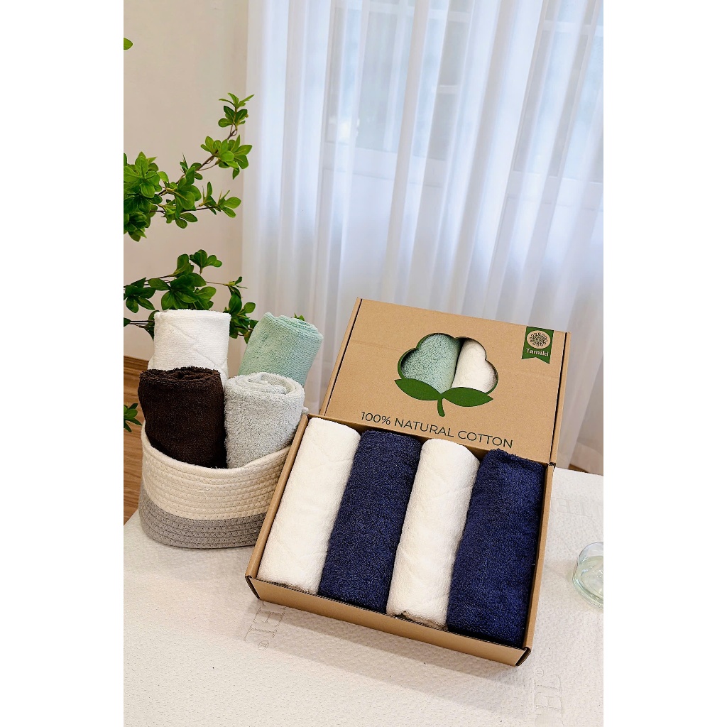K45_ Set 4 khăn mặt Tamiki Cotton tự nhiên – Khăn mềm mịn thấm hút tốt