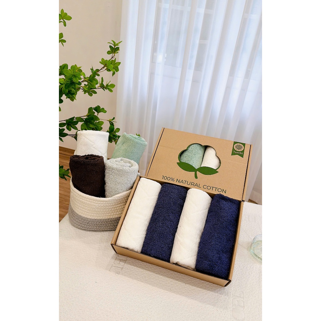 K45_ Set 4 khăn mặt Tamiki Cotton tự nhiên – Khăn mềm mịn thấm hút tốt