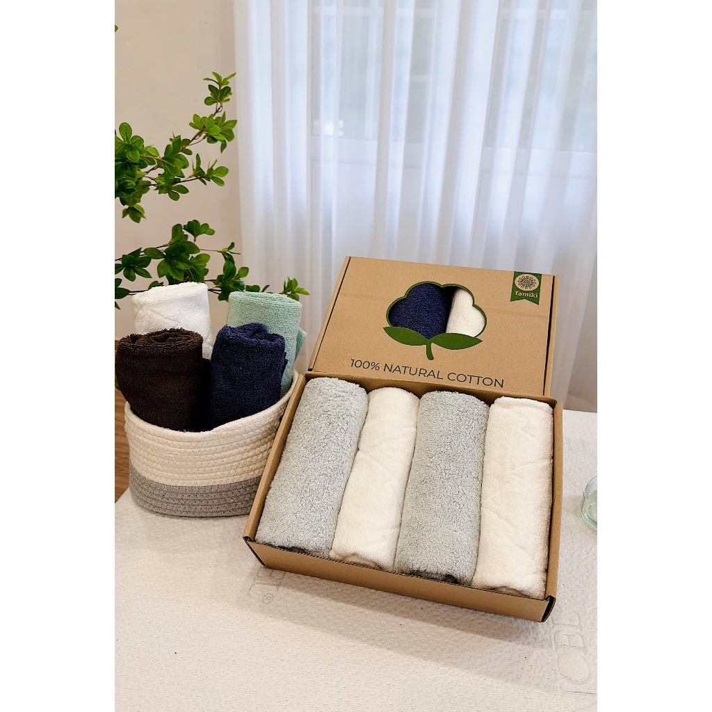 K45_ Set 4 khăn mặt Tamiki Cotton tự nhiên – Khăn mềm mịn thấm hút tốt