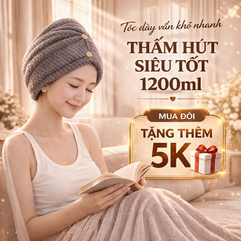 Khăn ủ quấn tóc MICROFIBER 2 lớp nhanh khô siêu dày, siêu mềm, siêu thấm, 25x65cm, 160gr Việt Thư